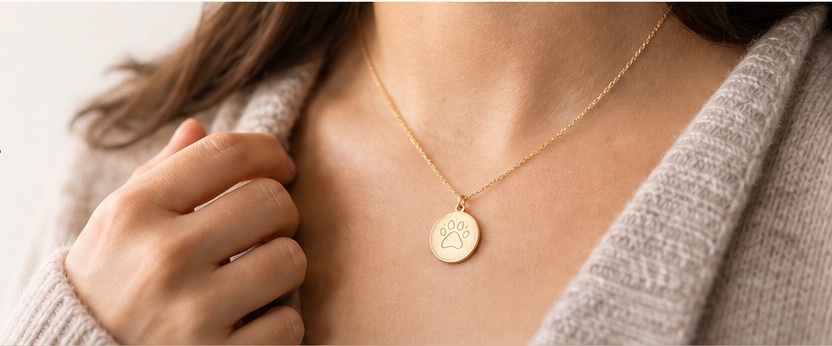 A subtle gold pet memorial pendant worn with everyday clothing